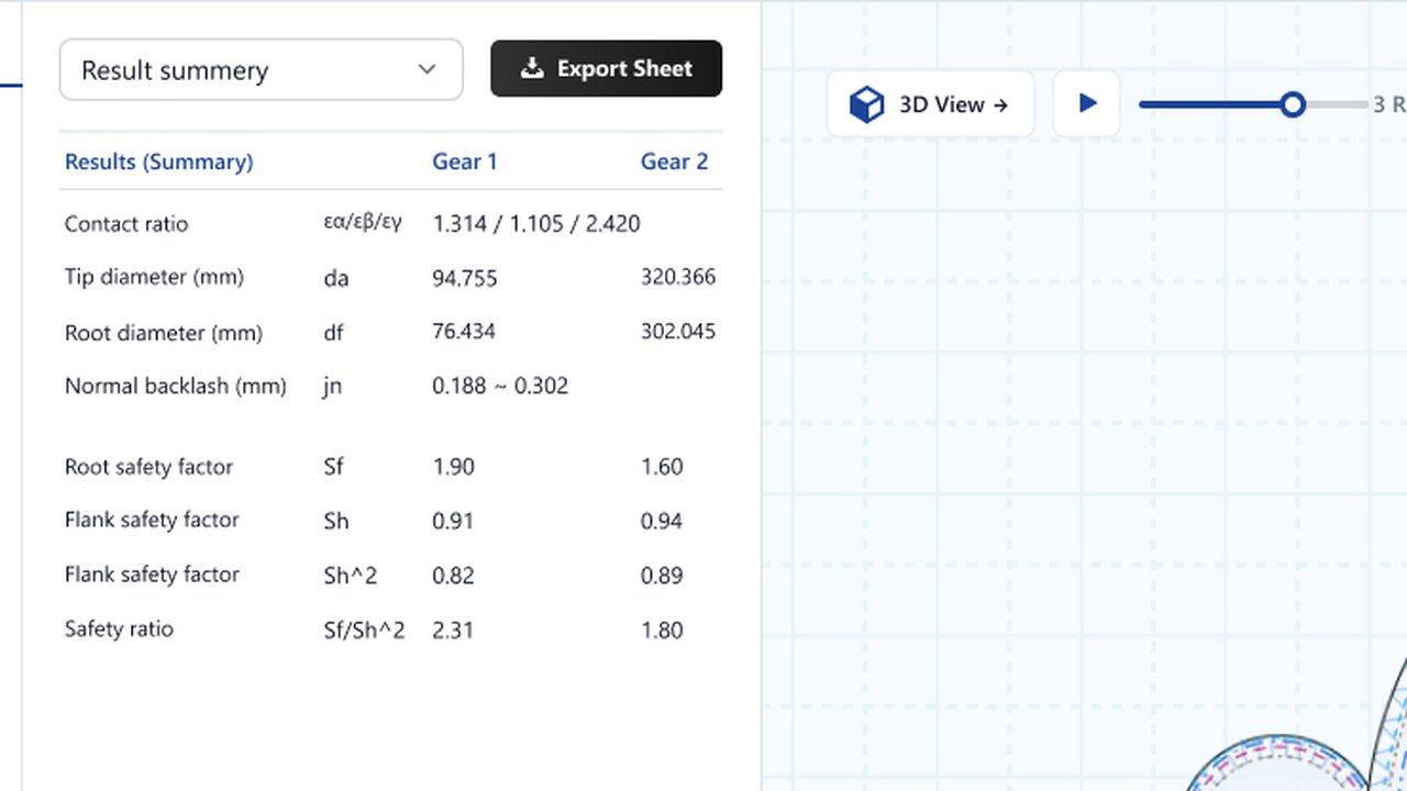Results summary with diameters, backlash and safety factors