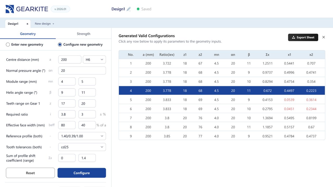 Generated valid gear configurations table