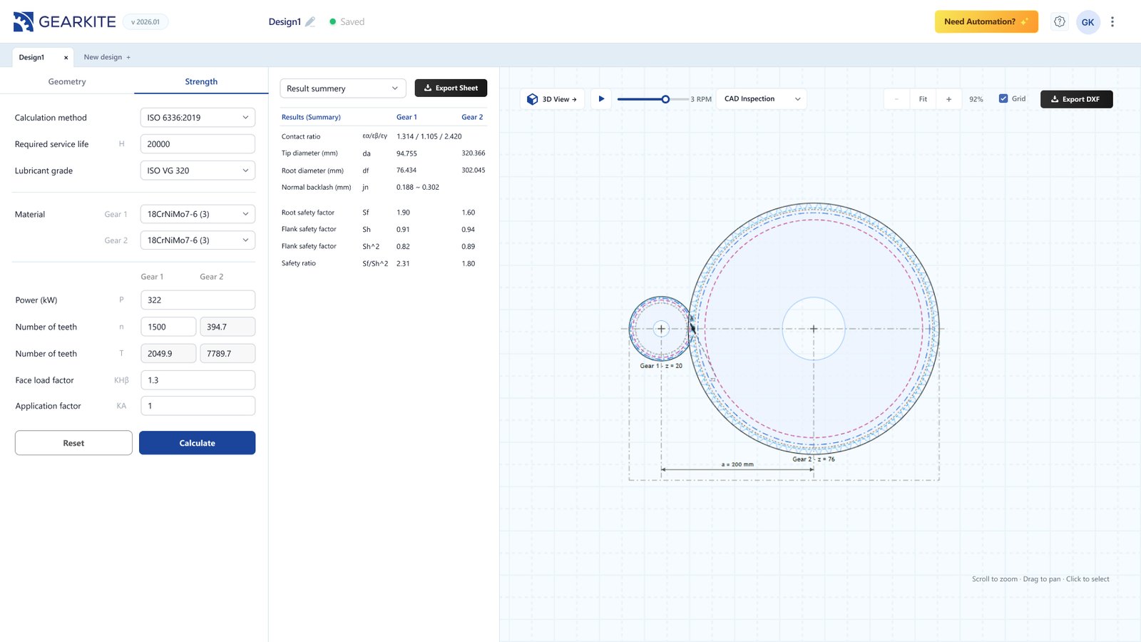 GEARKITE 2D CAD inspection view of a meshing gear pair with centre distance and strength results