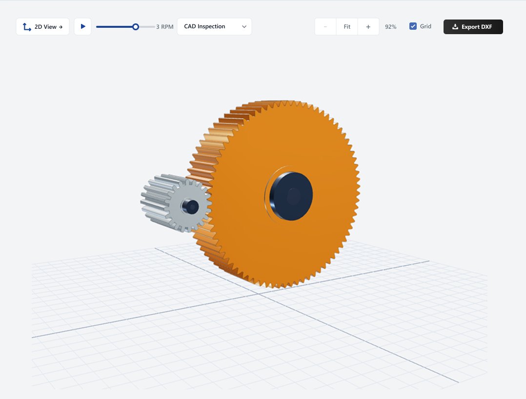 3D view of a helical gear pair with Export DXF button