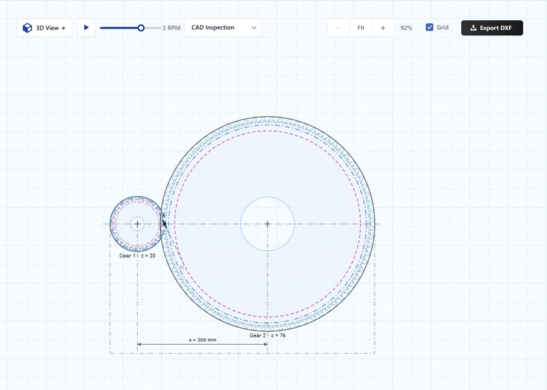 2D CAD inspection view of a meshing helical gear pair with centre distance dimension