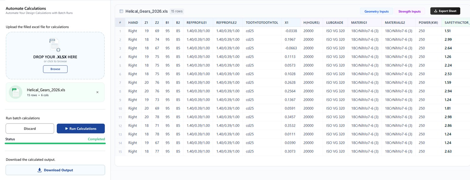 Batch calculation from an uploaded Excel file with completed status and results table