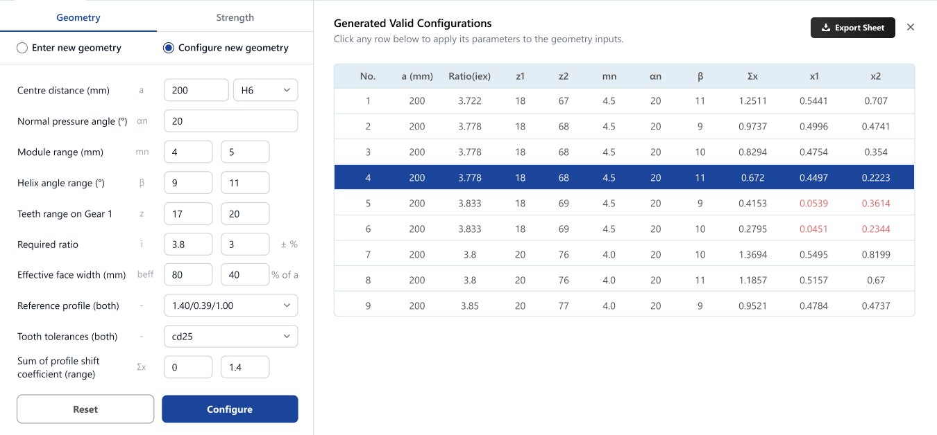 Generated valid configurations table with module, teeth, helix angle and profile shift