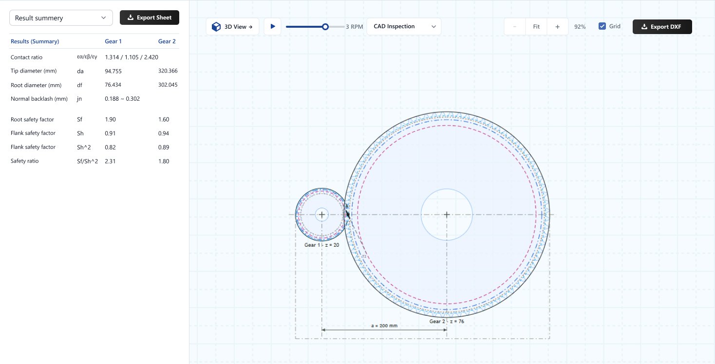 Results summary with diameters, backlash and safety factors next to the 2D gear view