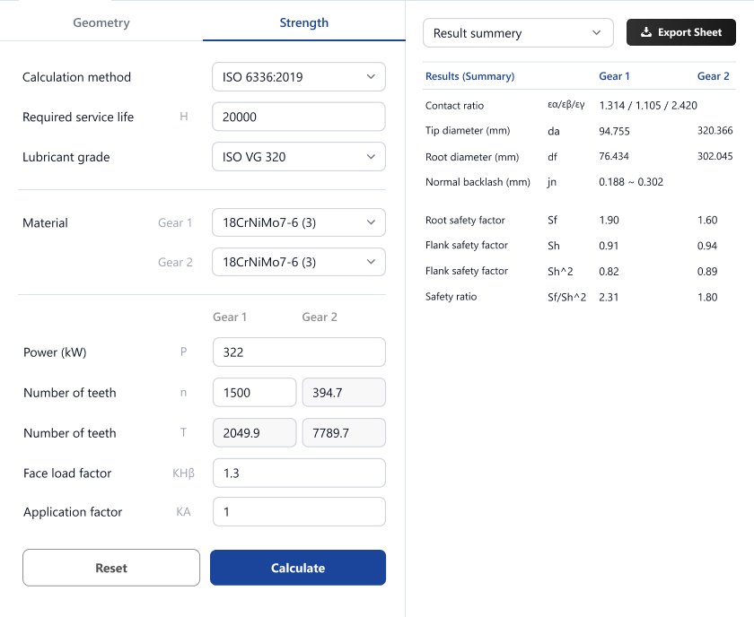 Strength inputs per ISO 6336:2019 with results summary and Export Sheet button